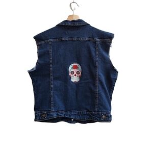 Denim Vest with Embroidered Calavera, Size XL